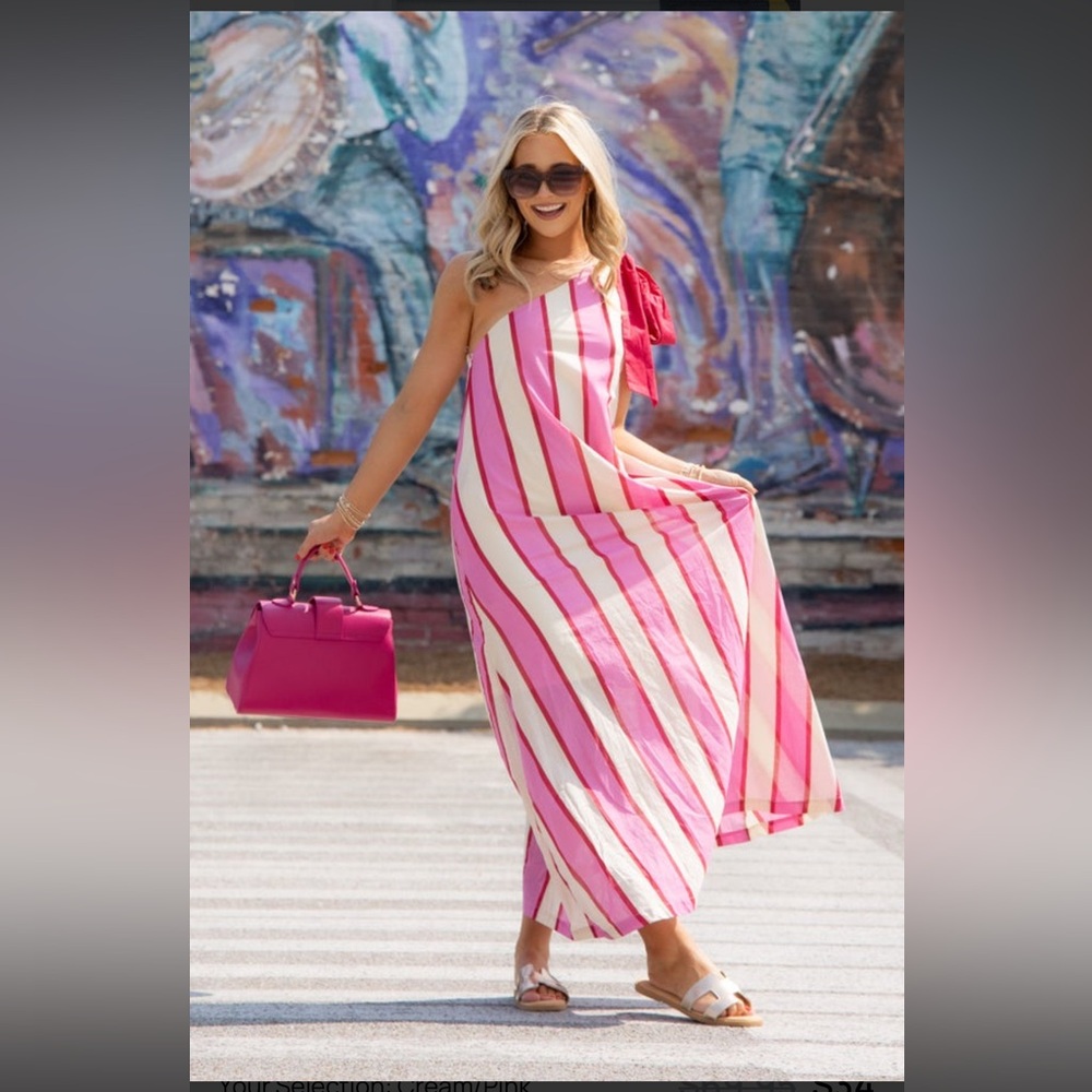 Entro Pink and White One Shoulder Dress